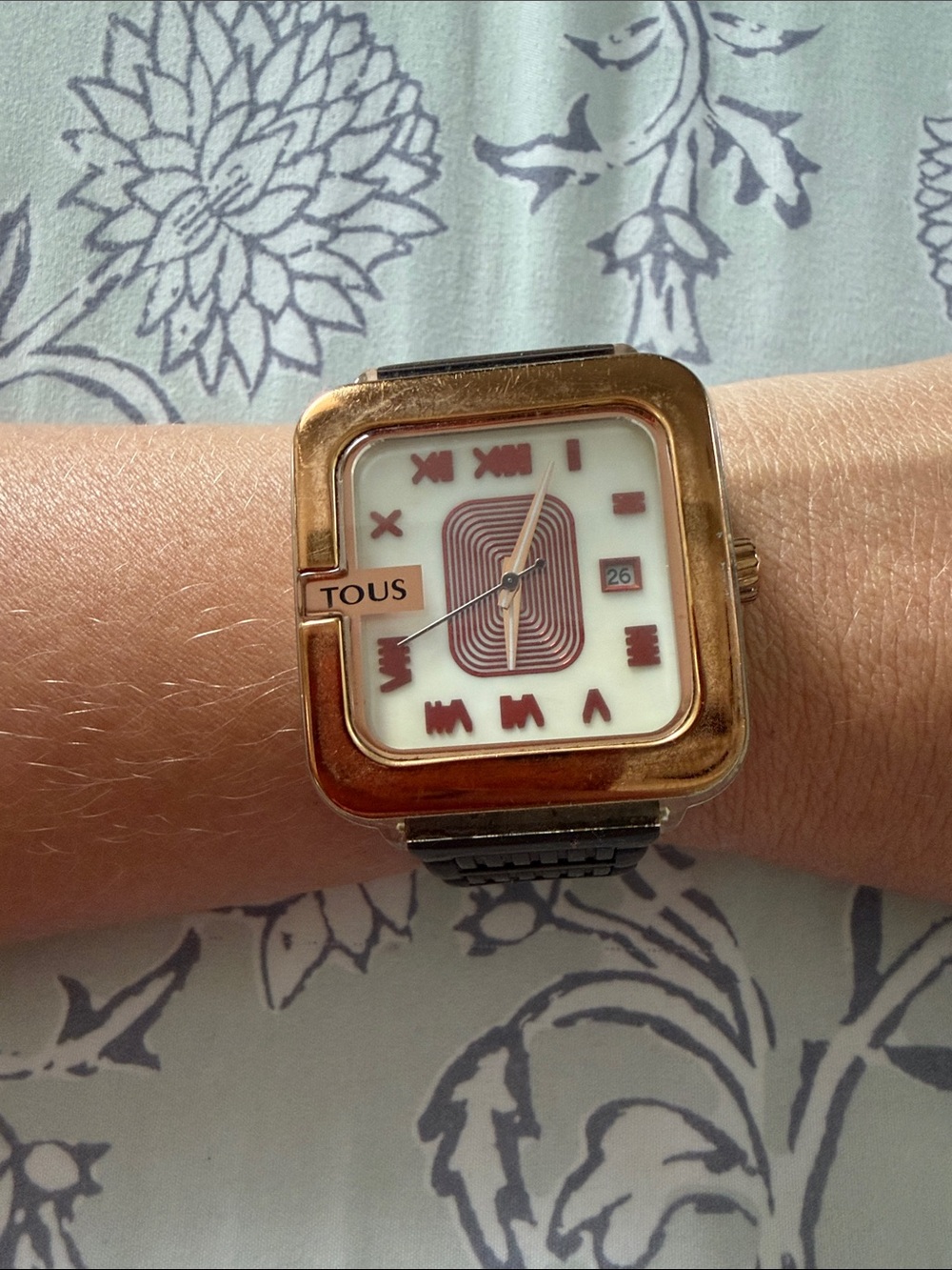 TOUS Rose Gold and White Square Watch with Red Accents